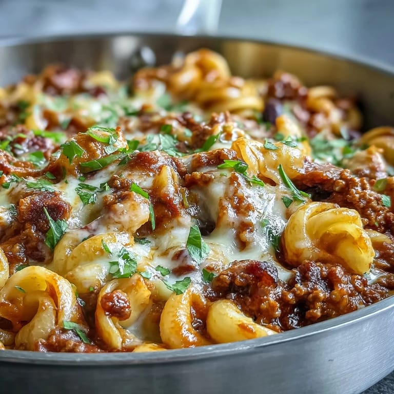 Family-style One-Pan High Protein Chili Mac is steaming in a Dutch oven, featuring ground beef, macaroni, and black beans for a satisfying weeknight meal.