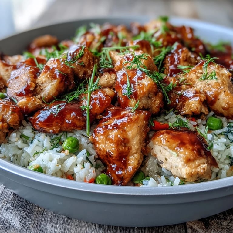 Brightly glazed One-Pan Bold Honey BBQ Chicken Rice served steaming hot, ready for a weeknight dinner.