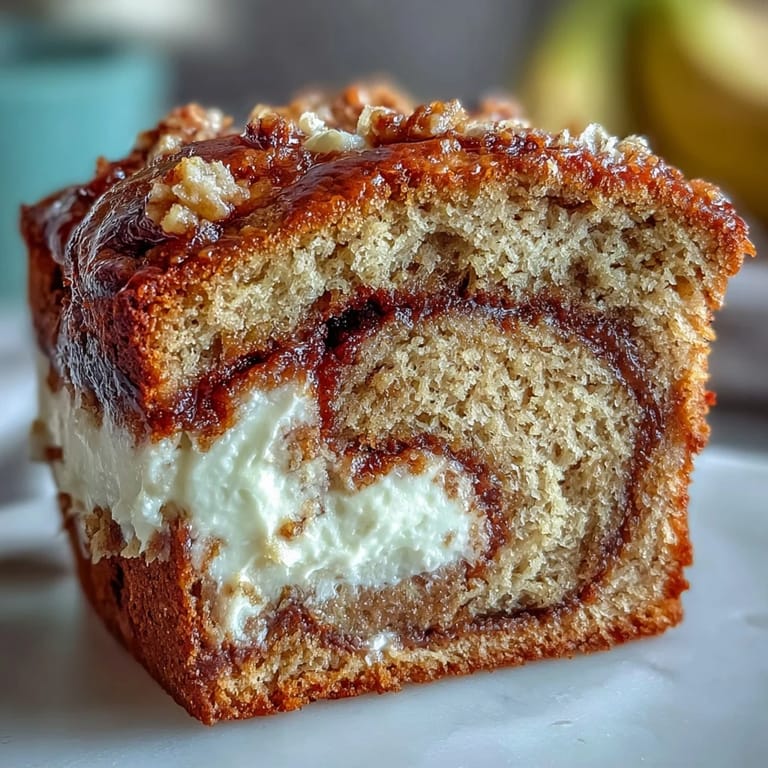 A thick slice of Cream Cheese Cinnamon Swirl Banana Bread rests on a white plate, revealing the marbled cinnamon sugar ribbon inside. 