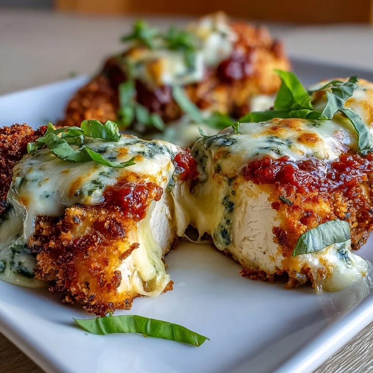 Close-up of Pesto Chicken Parmesan with golden breadcrumbs, melted mozzarella, and fresh basil garnish, resting on a rustic wooden cutting board ready to serve.