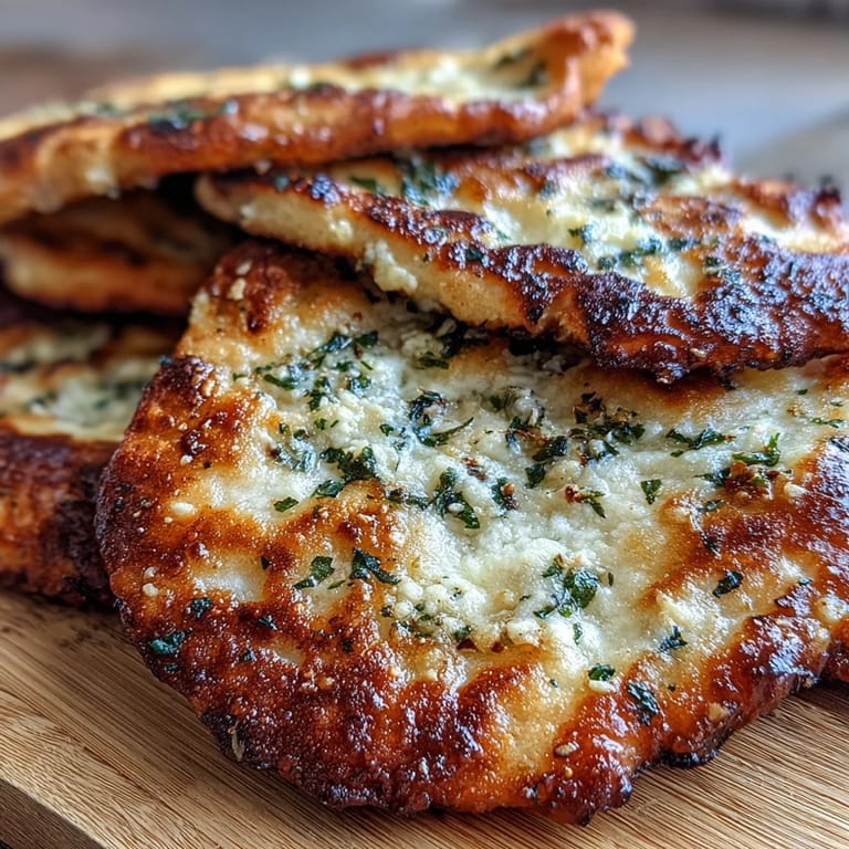 A close-up of The Best Easy Garlic Naan Bread brushed with garlic butter, served warm alongside a red lentil curry.
