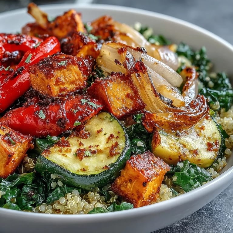 Colorful Warm Salad Bowl with roasted vegetables, creamy goat cheese crumbles, and toasted pumpkin seeds on a rustic table.