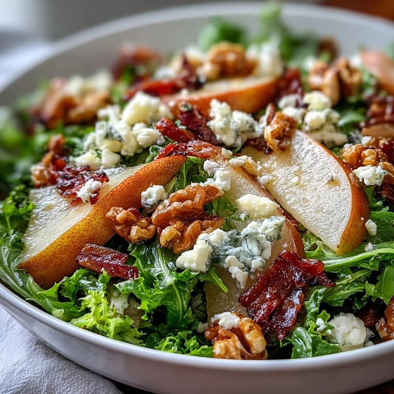 Frisée Pear Blue Cheese Bowl tossed with tangy vinaigrette, walnuts, and sliced pears on a ceramic platter.