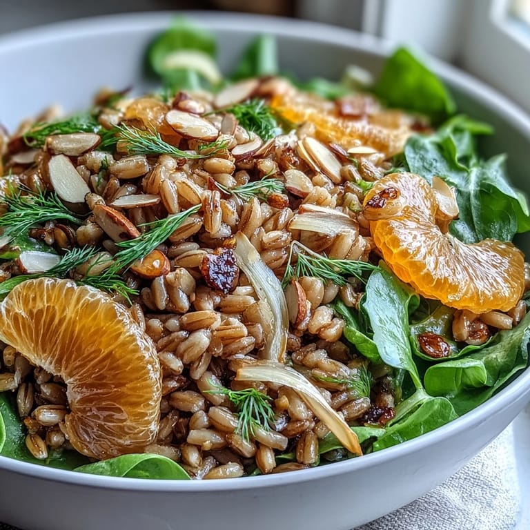 Hearty vegetarian Mediterranean Farro Salad Bowl topped with crunchy almonds, shaved fennel, red onion, and vibrant citrus on mixed greens.