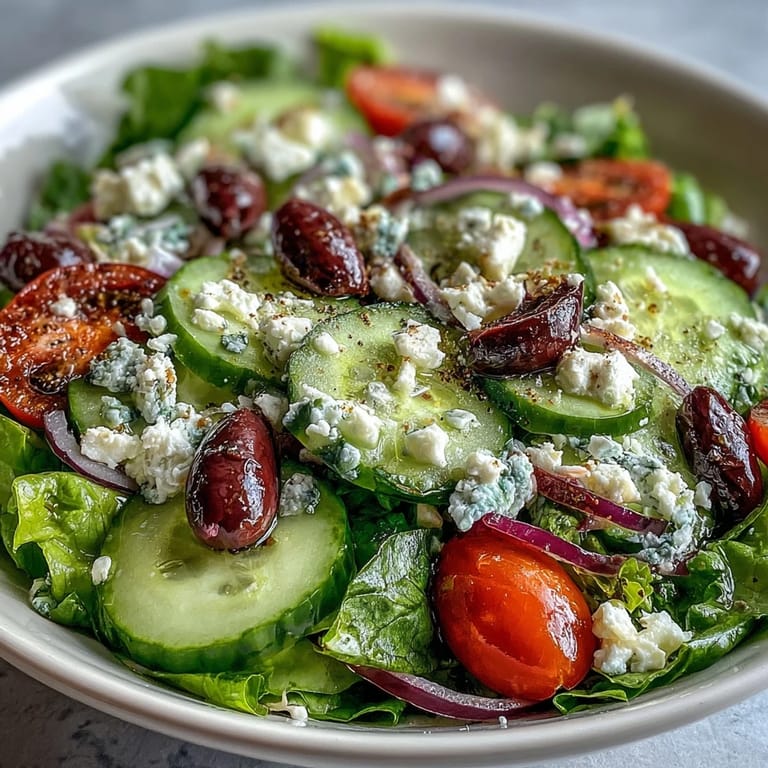 The Mediterranean Green Salad Bowl features crisp cucumbers, spring mix, and tangy dressing, ready for a light, healthy lunch or dinner.