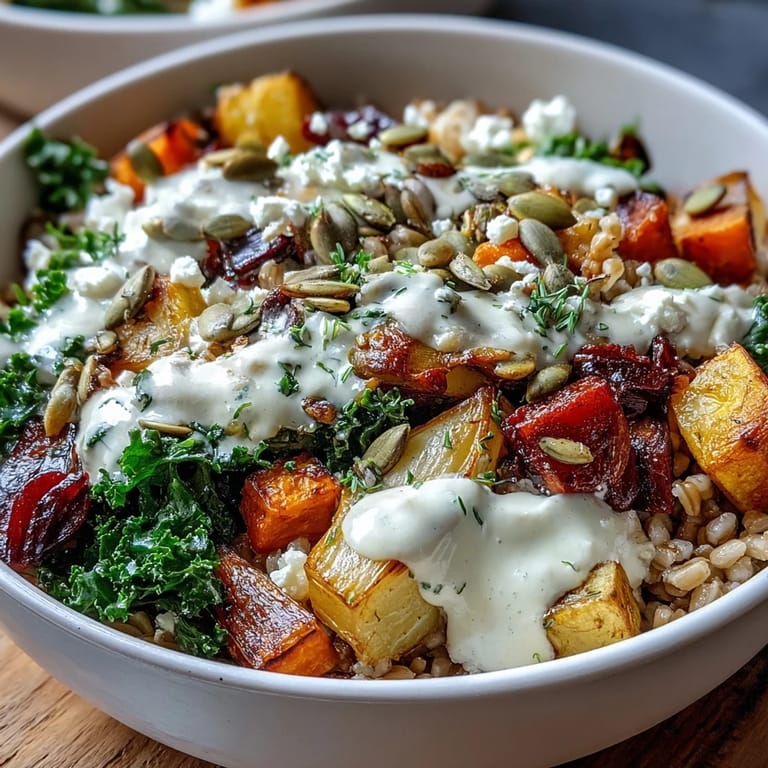 A close-up of the hearty winter grain bowl showing sautéed kale, diced sweet potatoes, and toasted pumpkin seeds on a rustic wooden table.