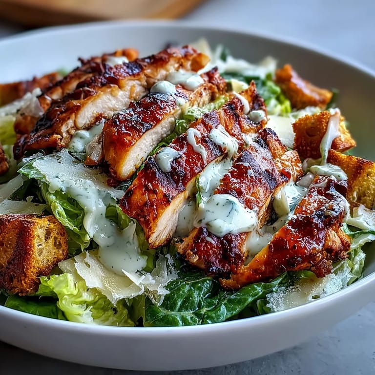 A plated Caesar Chicken Bowl drizzled with creamy dressing and lemon zest.