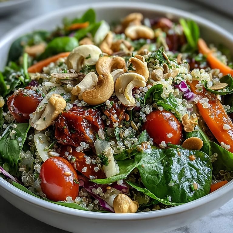 Wholesome Rainbow Salad Bowl with quinoa, chickpeas, and crisp vegetables, topped with a tangy maple-lemon dressing and fresh herbs.