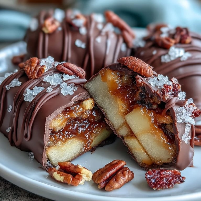 Crisp apple wedges coated in gooey caramel and rich dark chocolate, garnished with chopped nuts and sprinkles for a festive dessert.