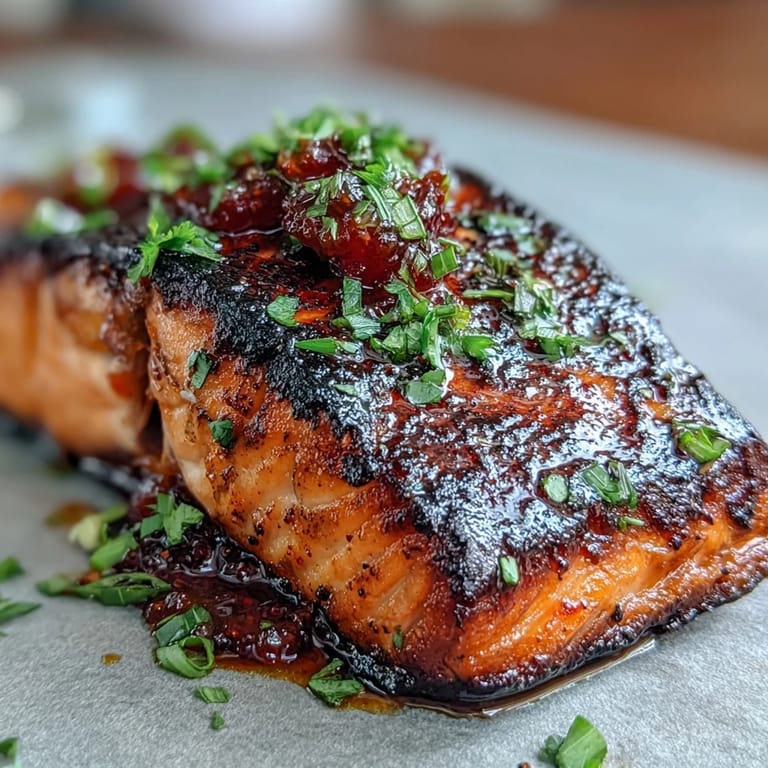 Easy grilled salmon paired with sweet and tangy strawberry salsa, garnished with fresh cilantro and lemon.