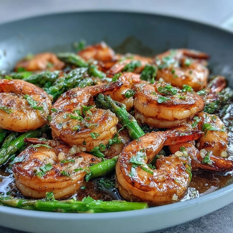 Succulent shrimp and tender asparagus roasted with fresh garlic and lemon, creating a bright and healthy dinner.