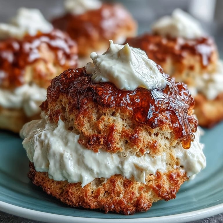 Tender, flaky scones sweetened with floral dandelion honey, served with velvety clotted cream for a luxurious treat.
