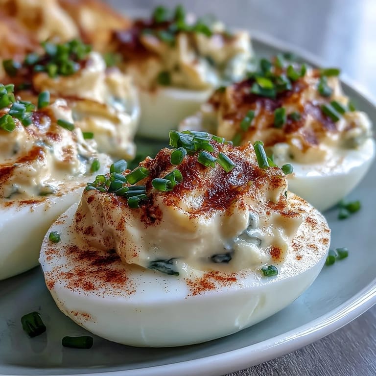 Creamy deviled egg filling piped into halved egg whites, topped with paprika and chives—a classic American appetizer for picnics and gatherings.