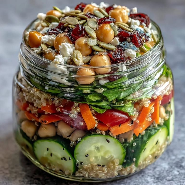 Layered mason jar salads packed with baby spinach, cherry tomatoes, cucumbers, and quinoa for a nourishing, make-ahead Healthy Summer Meal Prep.