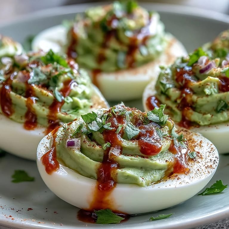 Fluffy egg whites stuffed with smooth avocado filling, drizzled with Sriracha and dusted with paprika for color.