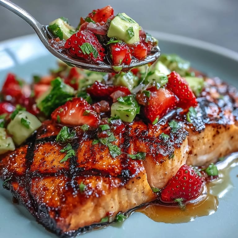 Savory grilled salmon fillet adorned with sweet, creamy strawberry avocado salsa awaits.