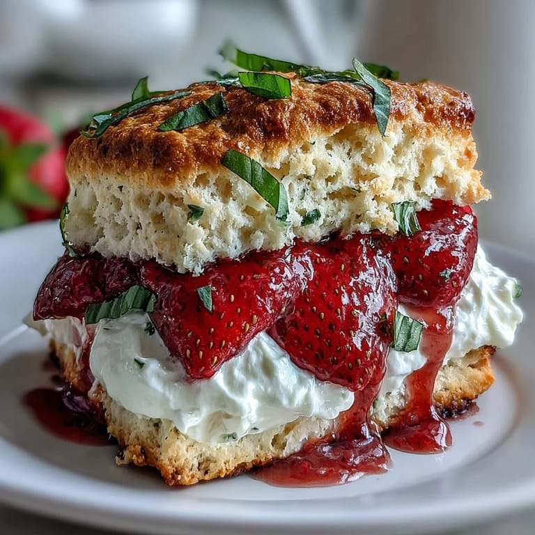 Bright Strawberry Basil Shortcake Biscuits, a perfect summer dessert with fluffy whipped cream.