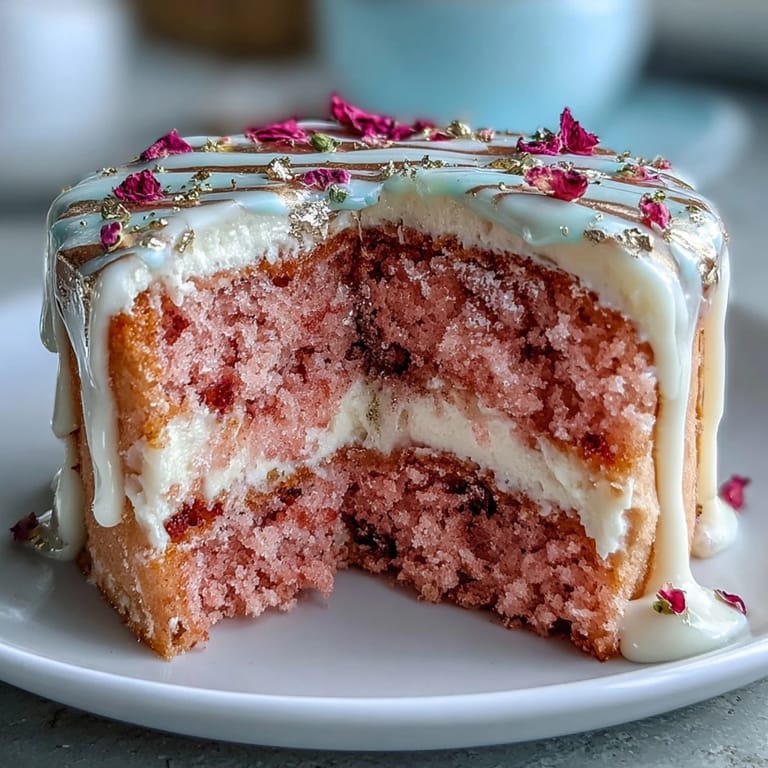 Luscious Rosé Velvet Cake with a shimmering gold drip, ready for gifting.
