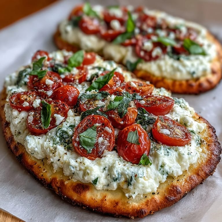 Warm, cheesy viral cottage cheese flatbread with fresh pesto and juicy cherry tomatoes.
