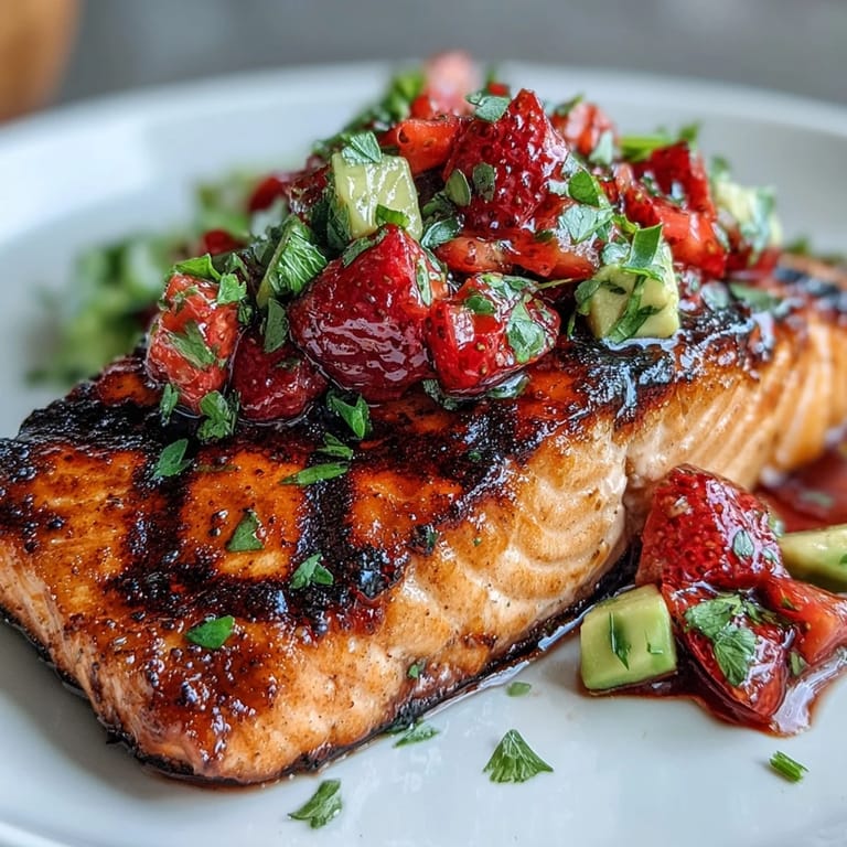 Expertly grilled salmon with a burst of fresh, colorful strawberry avocado salsa.