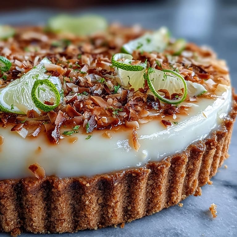 A slice of refreshing Coconut Lime Tart; ideal for a warm-weather dessert.