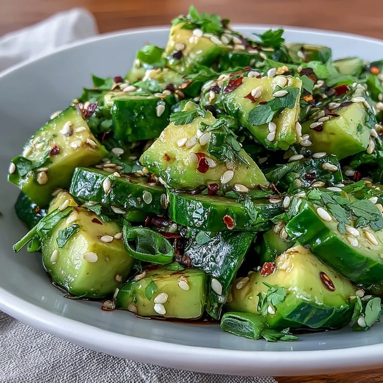 Picture this delicious smashed cucumber and avocado salad with toasted sesame seeds.