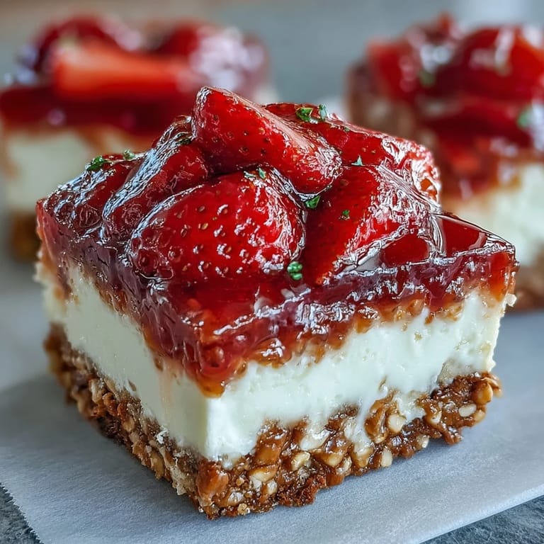 Delectable Strawberry Pretzel Salad bars bursting with fruity strawberry jelly and cream cheese.