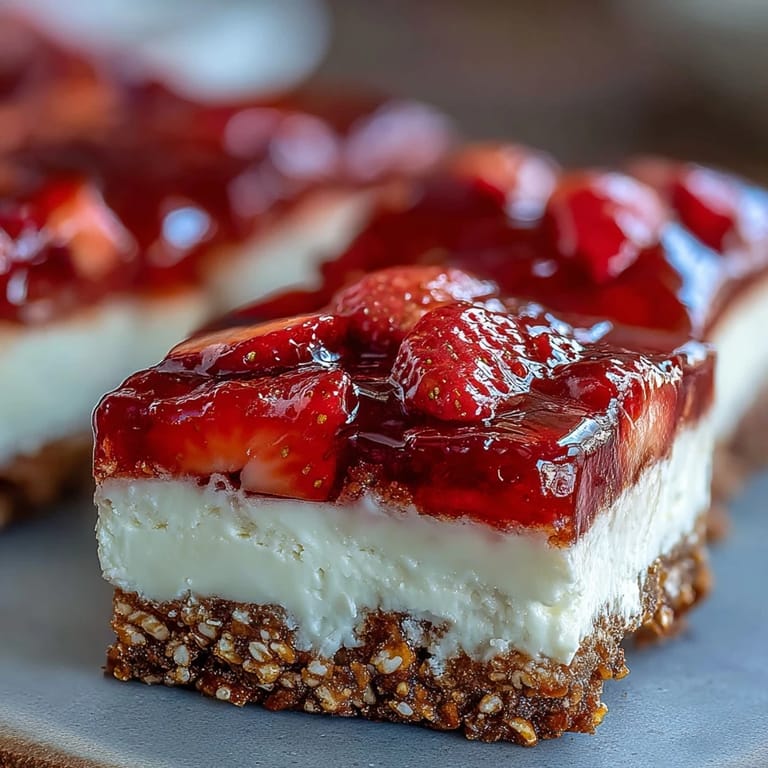 Close-up view of a baked Strawberry Pretzel Salad bar, showcasing its satisfying layers.