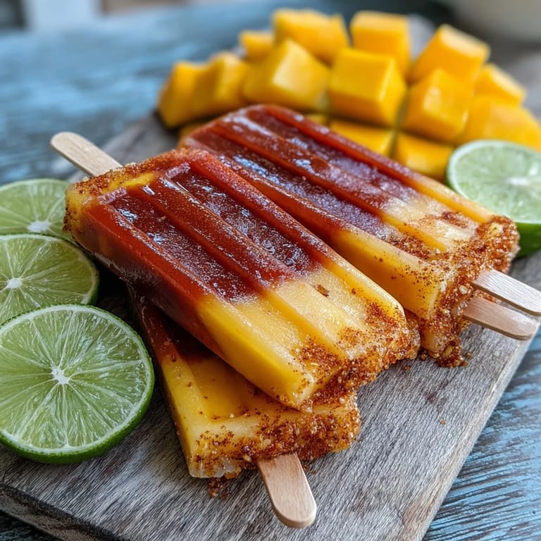 Close-up of Fricy Mango Chamoy Popsicles with Tajin, glistening and ready to enjoy.