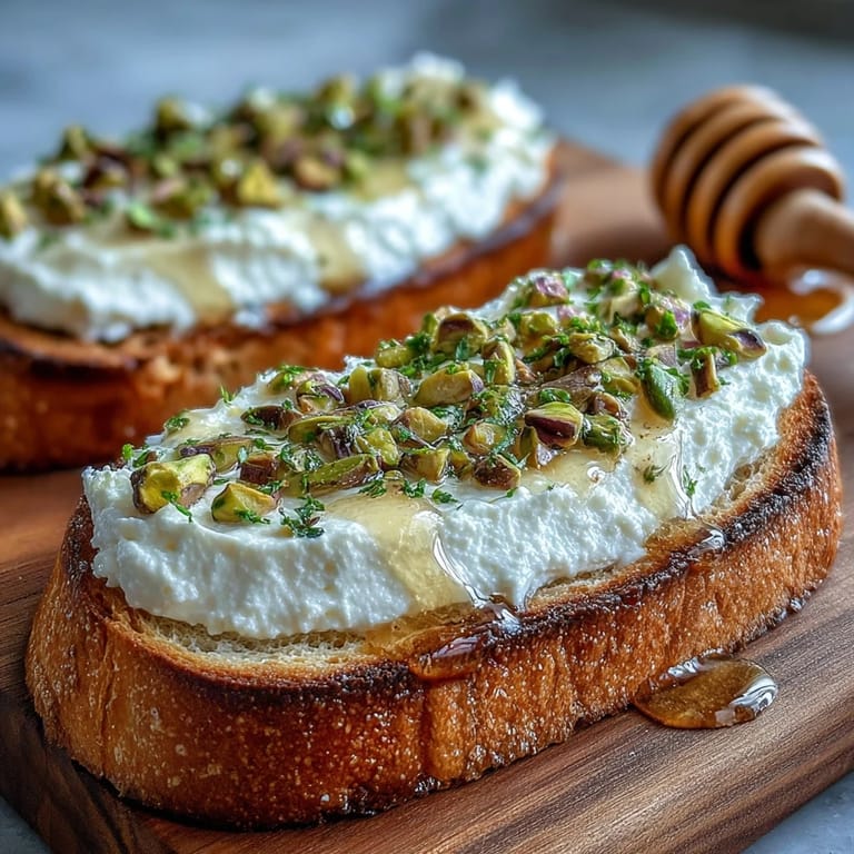 Enjoy easy whipped ricotta toast with sweet honey and nutty pistachios.