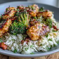 Golden-brown chicken pieces nestled in fluffy white rice and bright green broccoli, coated in a glossy honey garlic sauce in a single skillet.