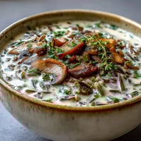 A steaming bowl of Wild Rice Mushroom Soup showcases creamy texture, earthy mushrooms, and tender wild rice grains, garnished with fresh parsley.  
