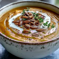 A bowl of creamy Roasted Butternut Squash Soup garnished with thyme and pumpkin seeds, ready to serve.