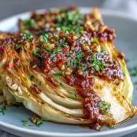 Golden-brown roasted cabbage wedges with charred edges are drizzled with bold winter romesco and finished with fresh parsley.