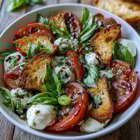 Fresh mozzarella balls and heirloom tomatoes in a Caprese Salad Bowl, topped with torn basil and crispy sourdough croutons. 
