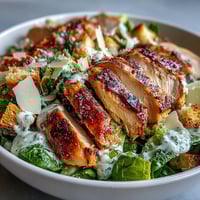 Juicy grilled chicken slices over crisp romaine lettuce for a Caesar Chicken Bowl.