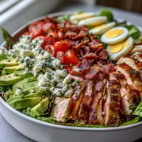 A vibrant Cobb salad bowl with grilled chicken, crispy bacon, creamy avocado, and blue cheese atop fresh greens, drizzled with ranch dressing.