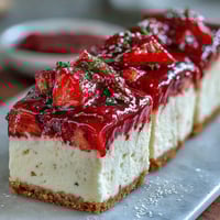 Strawberry lemonade bars with shortbread crust, dusted with powdered sugar, served on a white platter.  