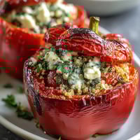 Stuffed bell peppers filled with quinoa, fresh herbs, and vegetables, baked until tender and golden for a healthy vegetarian meal.