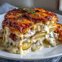 Creamy scalloped potatoes with Gruyere feature golden, bubbly cheese atop tender, layered potatoes baked in a rich garlic cream sauce.