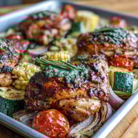 Juicy chicken breasts roasted with zucchini, sweet corn, and tomatoes on a sheet pan for an easy summer dinner.
