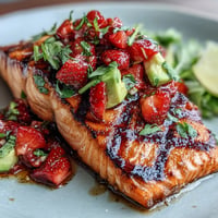 Juicy grilled salmon topped with vibrant strawberry avocado salsa, perfect for a summer meal.