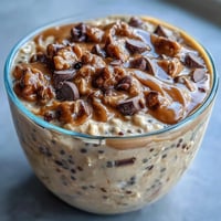 Creamy protein cookie dough overnight oats with chocolate chips, ready for breakfast.